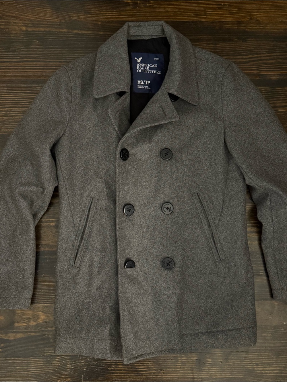 American Eagle Outfitters Men’s Charcoal Double-Breasted Peacoat